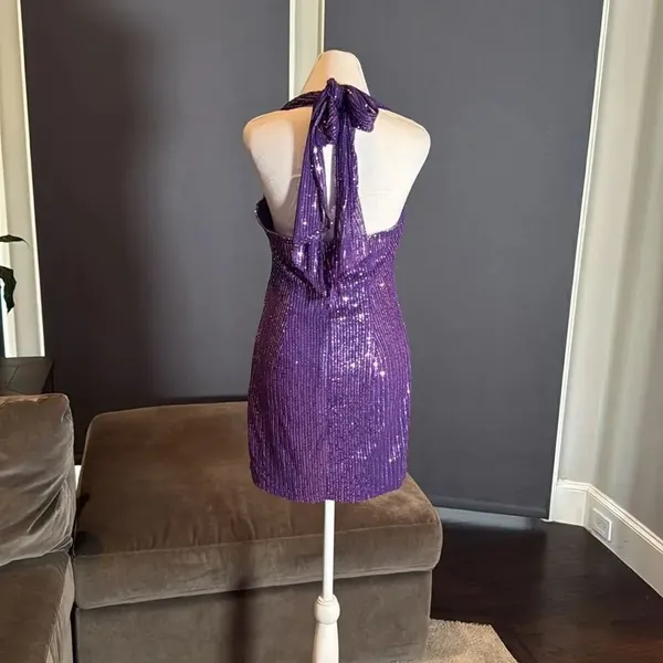 Women’s Purple Fully Sequined Short Prom Party Dress Halter Neck Size 8 NEW - Image 4