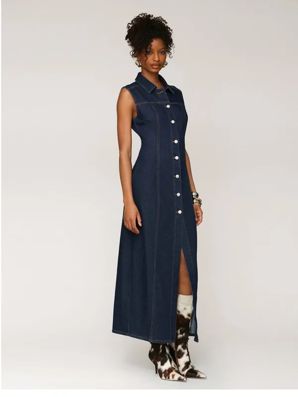 Avec Les Filles Dark Blue Denim Button-Front Maxi Dress - Image 4