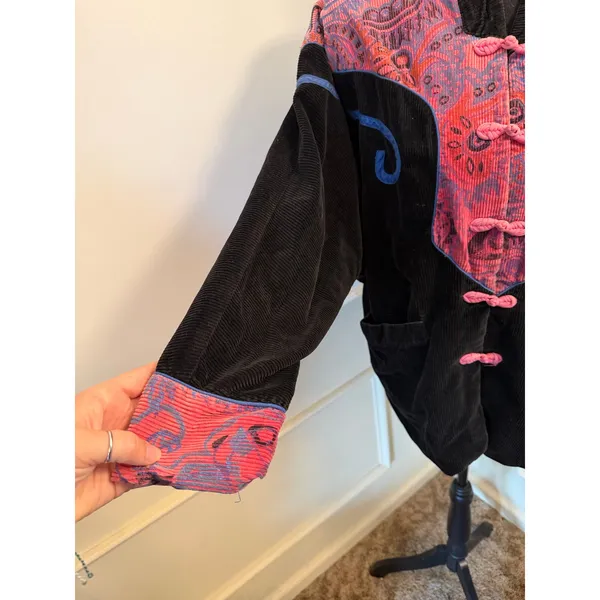 Vintage 80s/90s Black Corduroy Wearable Art Jacket Pink Paisley Frog Closures - Image 2
