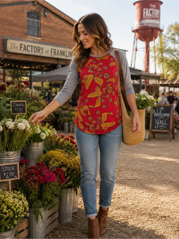 LuLaRoe Randy‎ Floral Raglan Baseball Tee Red Gold Gray 3/4 Sleeve XS NWT - Image 2