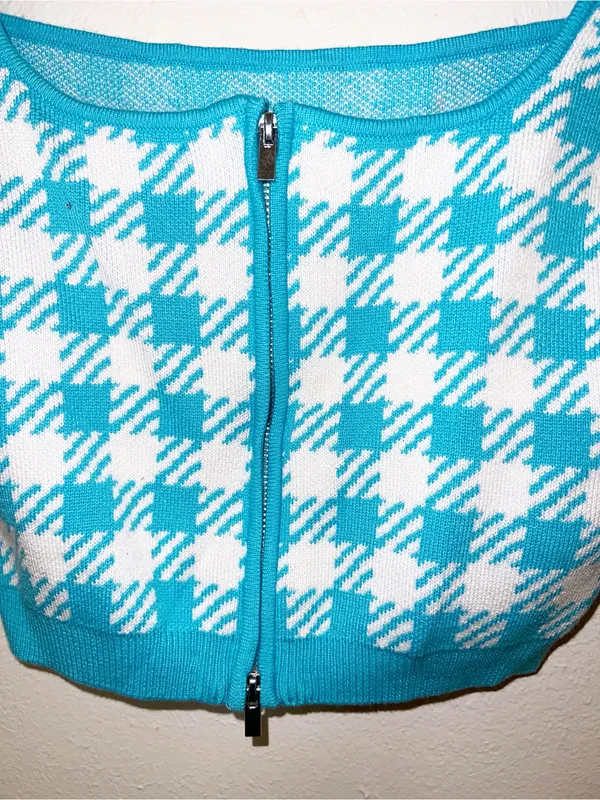Lovers + Friends Marva Seafoam Knit Full Zip Back Crewneck Sweater Crop Tank - Image 6