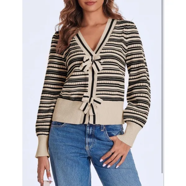 NEW Striped Cropped Sweater V Neck Cute Bow Tie Puff Sleeve S - Image 7