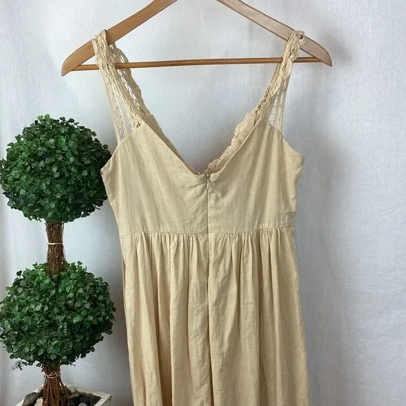 Tan Cotton Crochet Lace Trim Long Sleeveless Maxi Dress M - Image 7