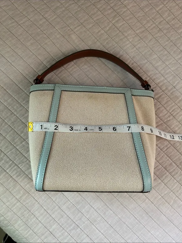 Tory Burch McGraw bucket canvas small tote bag cream blue - Image 15