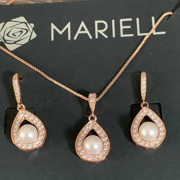 Mariell Rose Gold Pearl Necklace Drop Earrings Wedding Set Brides Bridesmaids - Image 3