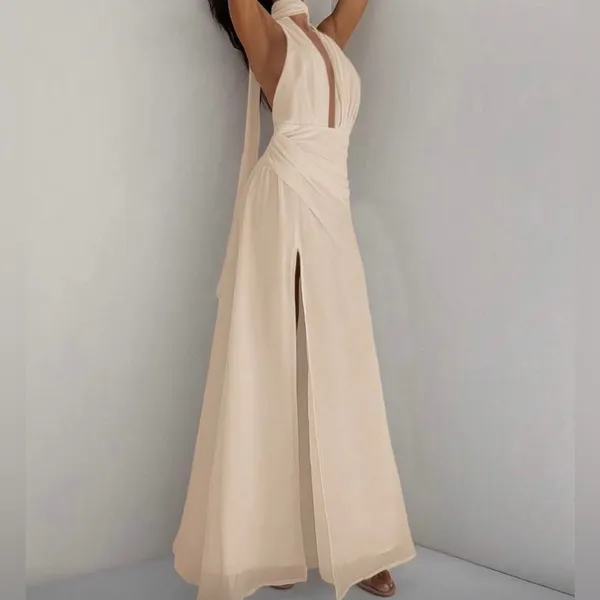 Elegant Cream Halter Maxi Dress Tan Size 0 - Image 2