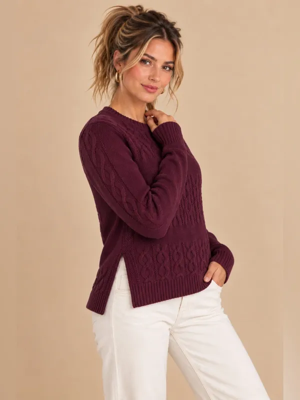 LOFT Burgundy Plum Crewneck Pullover Cable Knit Chunky Sweater Split Hem Medium - Image 8