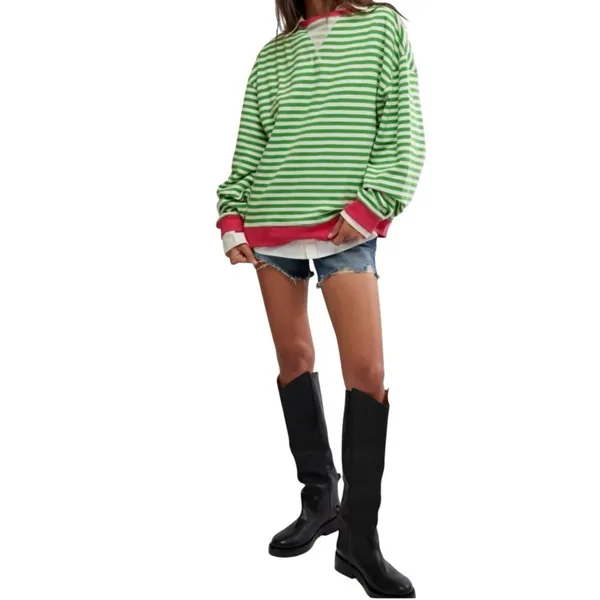 FREE PEOPLE Classic Striped Oversized Crewneck Pink Clover Combo Size M - Image 4