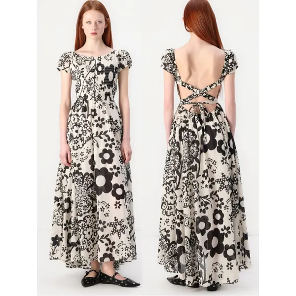 Free People Bohemian Ultraviolet Midi Maxi Dress Black White Floral Medium - Image 6