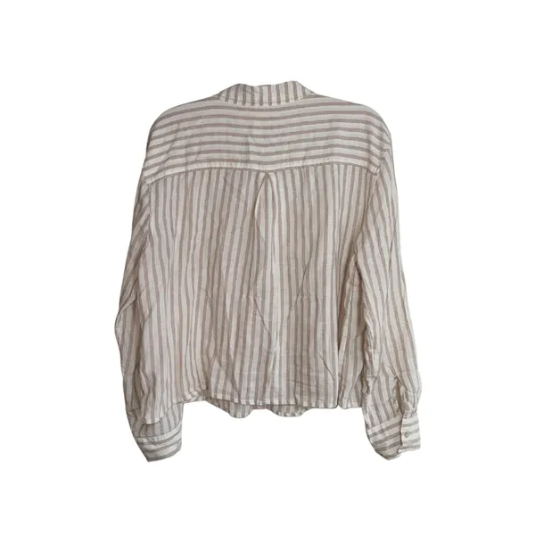Maurices Cropped Striped Button Down Shirt Cream White Linen - Image 6