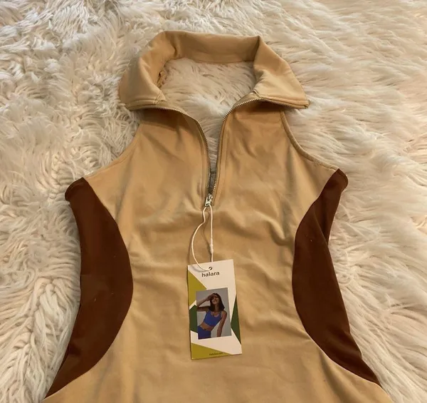 Halara Stylish Tan and Brown Dress size M length 27” bust 26” open back - Image 2