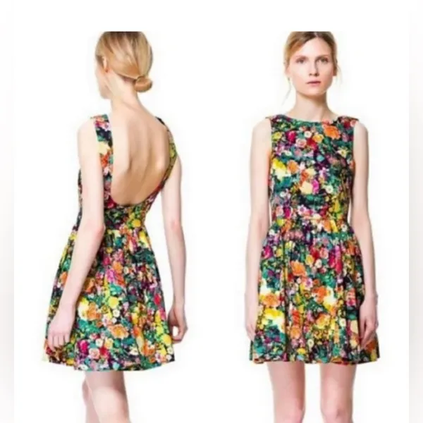 Zara Floral Open Back Skater‎ Dress Size M - Image 2