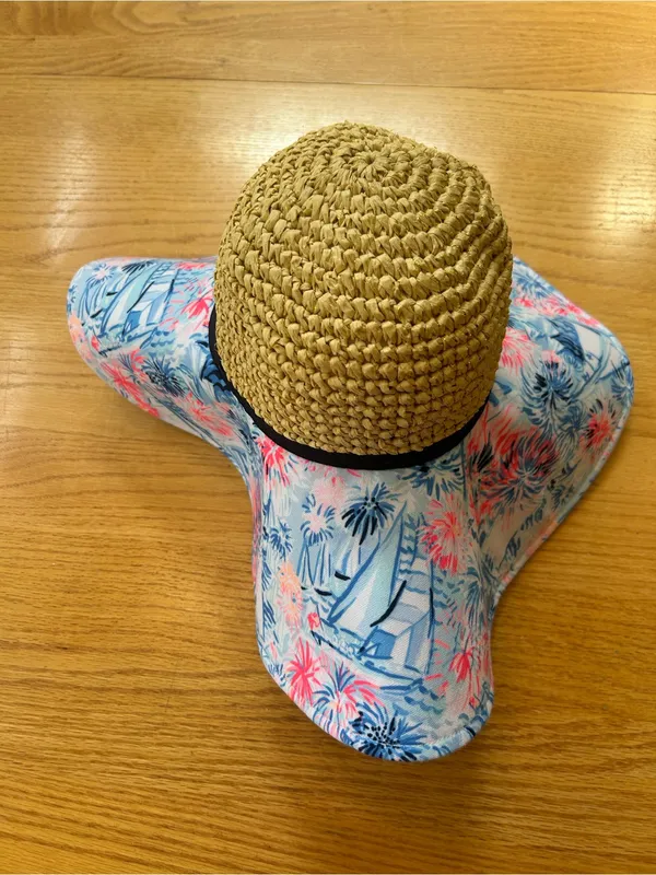 Lilly Pulitzer Sea‎ To Shining Sea Floppy Straw Sun Beach Hat Blue Pink Sailboat - Image 7