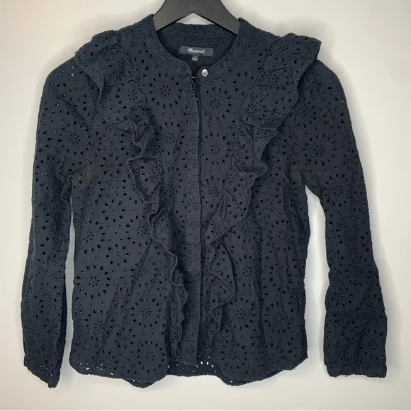 Madewell Black Eyelet Ruffle Front Button Down Shirt Size S‎ - Image 2