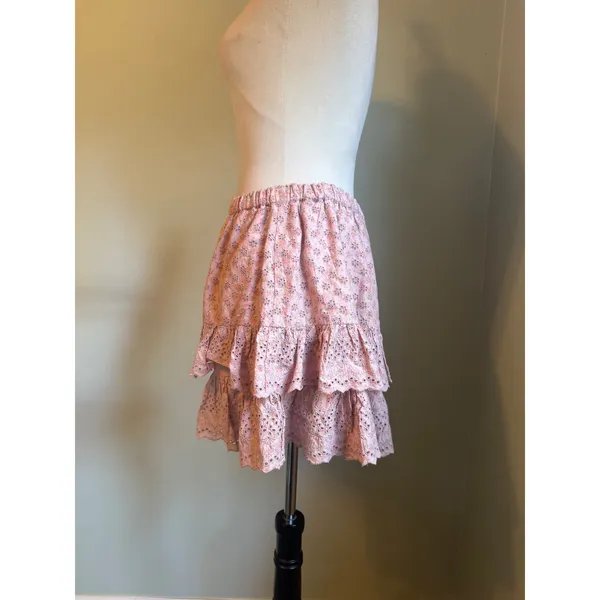 Lucky Brand Pink Floral Eyelet Tiered Mini Skirt Cotton Ruffle Boho Small Y2K co - Image 2