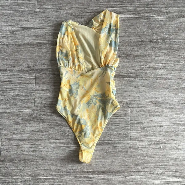 Draped Asymmetrical Yellow Floral Tulle bodysuit - Image 5