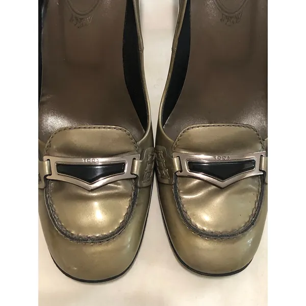 Vintage Tods Bronze Green Metallic Leather Block Heel Loafers 37.5 Y2K 90s - Image 8