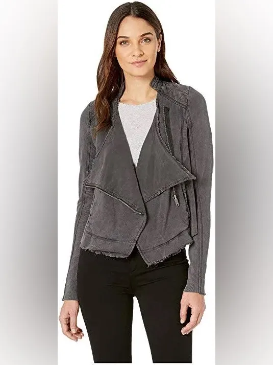 Free People Distressed Charcoal Gray Wash Cotton Shrunken Moto Jacket Size S - Image 4