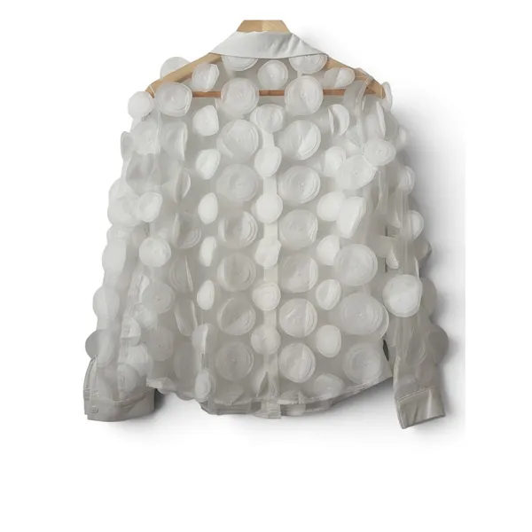 White Sheer Mesh 3D Applique Floral Button Down Blouse Long Sleeve Top M - Image 5