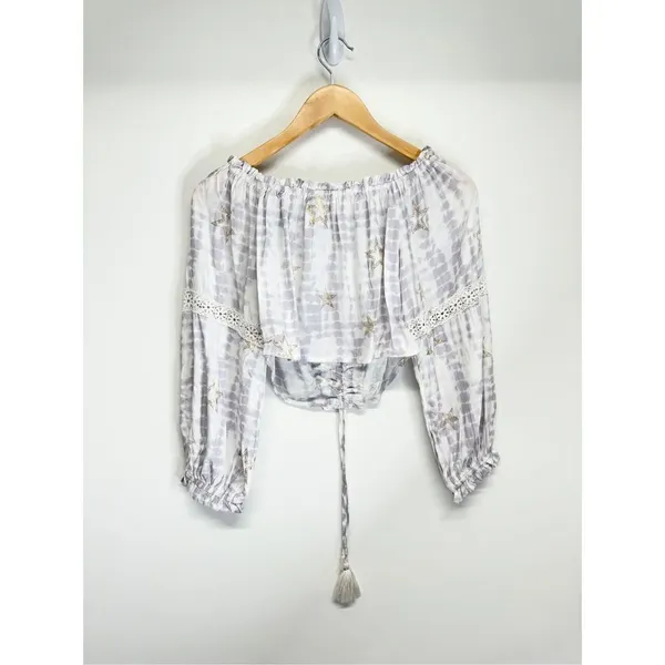 SURF GYPSY Metallic Star Print Crochet‎ Ruched Off Shoulder Crop Top Size Small - Image 3