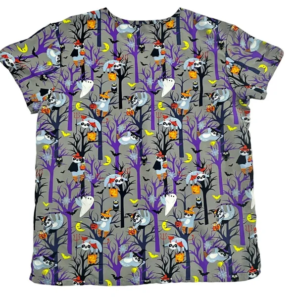 Gabby Brooke Halloween Scrub Top Sloths Owl Ghost Night 2 Pocket LARGE - Image 3