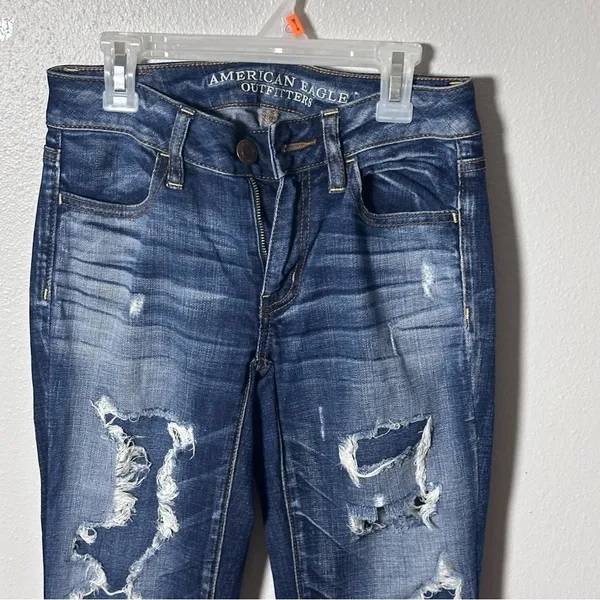 American Eagle Women Denim Blue Destroy Jeans jeggings size‎ 00 - Image 4