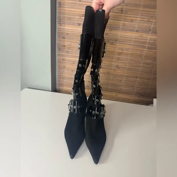 Jeffrey Campbell Seatbelt Black Suede Black Patent Buckle Heel Boots - Image 2