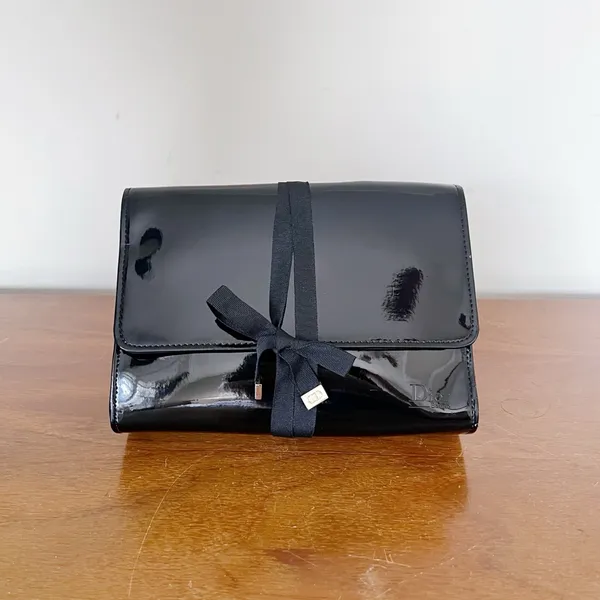 Dior • black patent leather cosmetic bag clutch pouch makeup case ribbon tie - Image 5