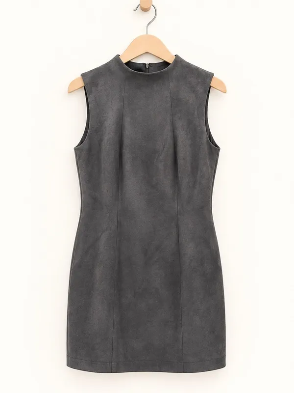 J. McLaughlin Charcoal Gray High Neck Sleeveless Faux Suede Sheath Shift Dress - Image 4