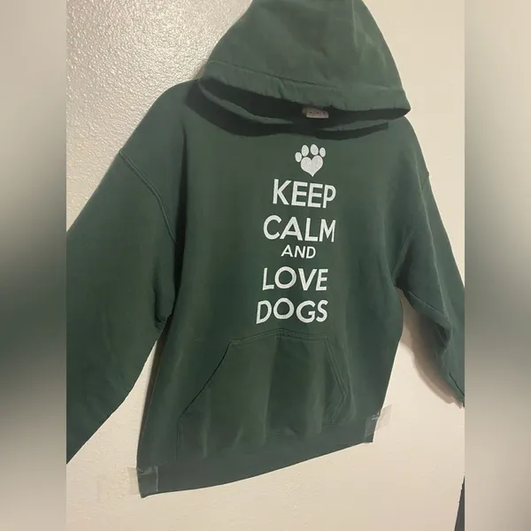 Keep Calm and Love Dogs Hoodie Green Gildan Pullover Sweatshirt Medium - Image 4