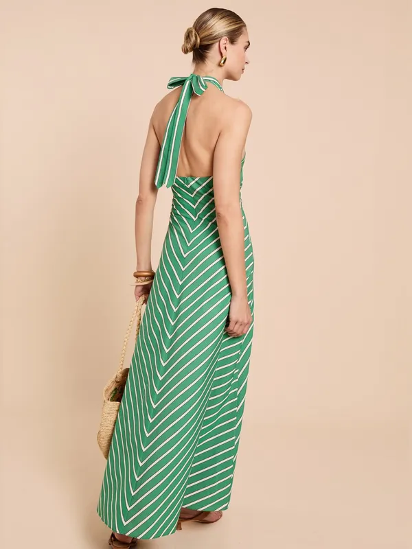 Few Moda o.p.t Green Size M Noelle Stretch Cotton Halter Long Striped Maxi Dress - Image 4