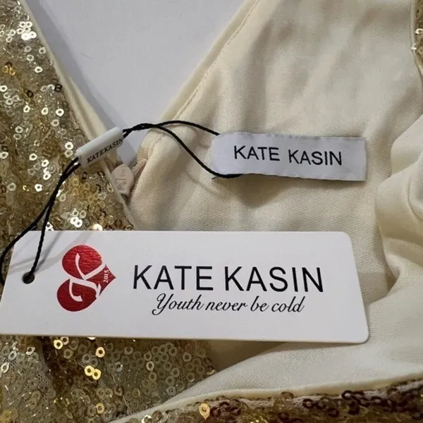 NWT Kate Kasin Gold Sequin V-Neck Formal Maxi Gown Dress Size XS US 2 - Image 4