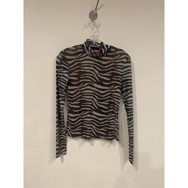 STAUD Shirt Womens Small Brown Zebra Mesh Sheer Long Sleeve Mock Neck Top - Image 2
