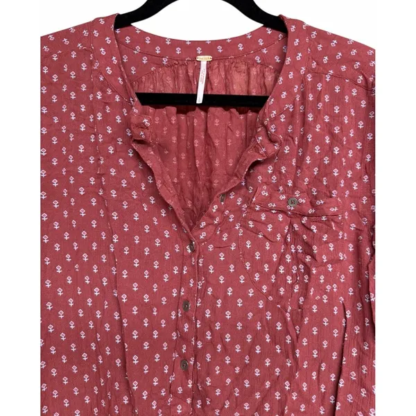 Free People Boho High Low Boyfriend Shirt Rust‎ Women's Size Large - Image 3
