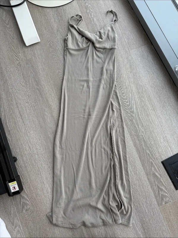 Aritzia Wilfred Neutral Midi Ribbed Dress with Side Slit - Image 2