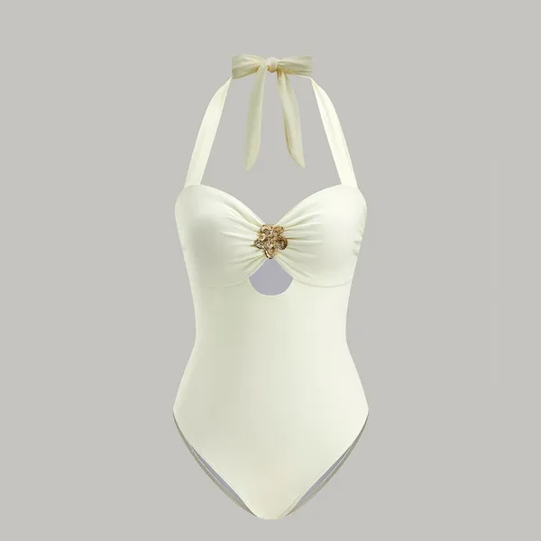 CoMMENSE Bow Tie Halter One-Piece Swimsuit COLOR - Beige, size Medium NWT - Image 6
