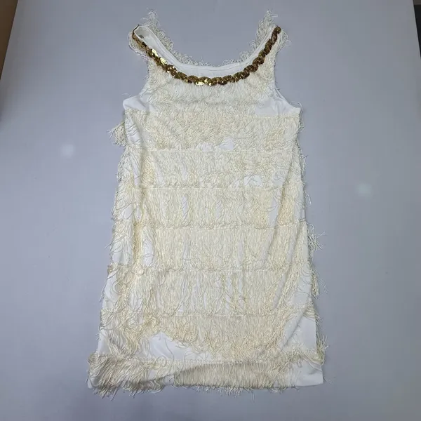 White Sleeveless Flapper-Style Fringe Mini Dress with Gold Sequin Neckline - Image 3
