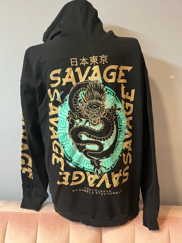 French Laundry Savage X Fenty black hoodie with green and gold 'SAVAGE' text and snake graphic, size 2XL. - Image 3