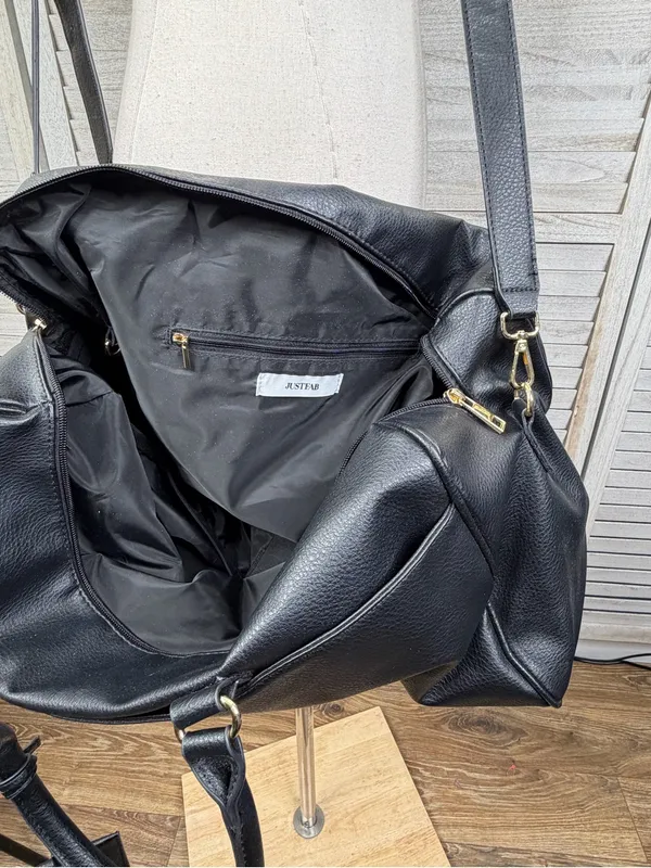 JUSTFAB Black Vegan Leather Weekender Travel Overnight Duffle Bag - Image 7