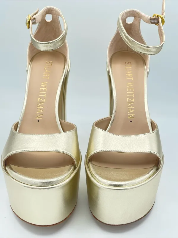 STUART WEITZMAN Skyhigh 145 Gold Metallic Leather Platform Sandals Block Heels - Image 7