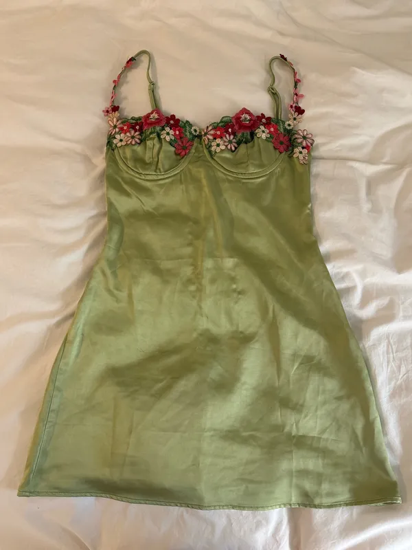 Green Princess Polly Mini Dress with Floral Details - Image 4