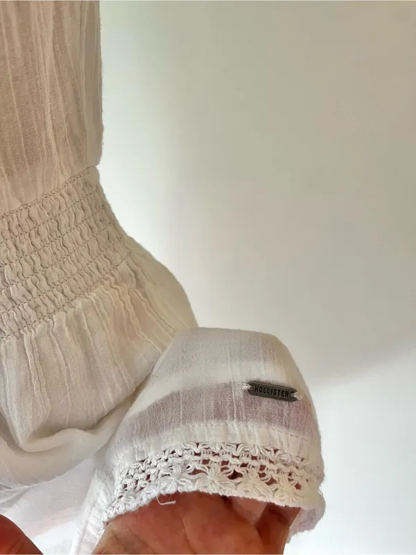 Y2K Hollister Women’s White Cotton Gauze Crochet-Trim Peasant Top dress - Image 3