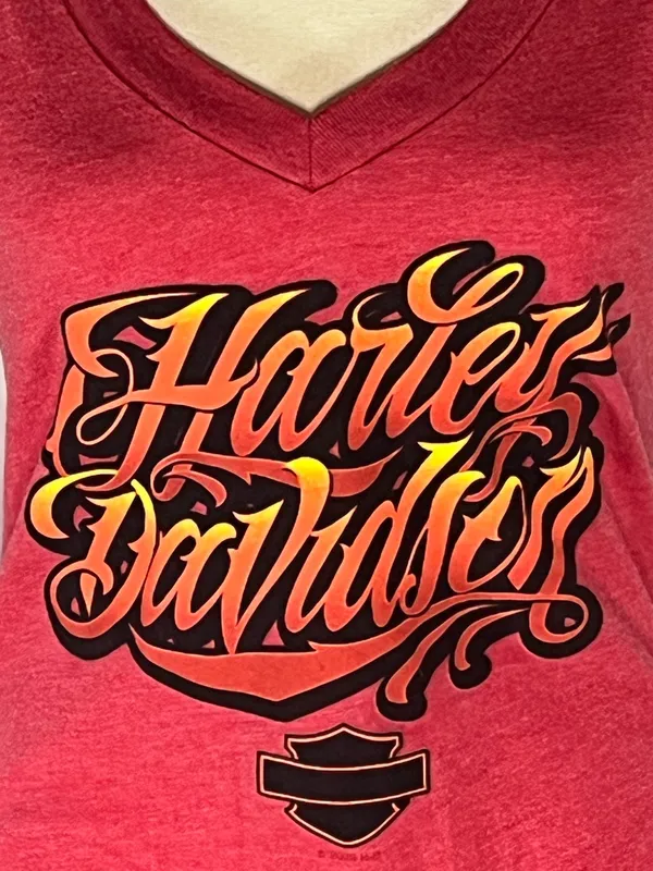 Harley Davidson Black Gold Allen TX Flame Script Women’s V-Neck Shirt Medium - Image 2