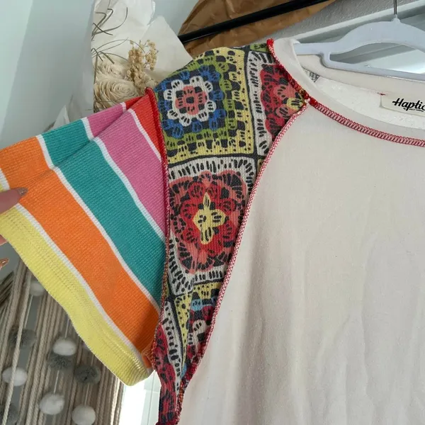 Boho Patchwork Colorful Lived-In Tee artsy eclectic cream Top Medium - Image 2