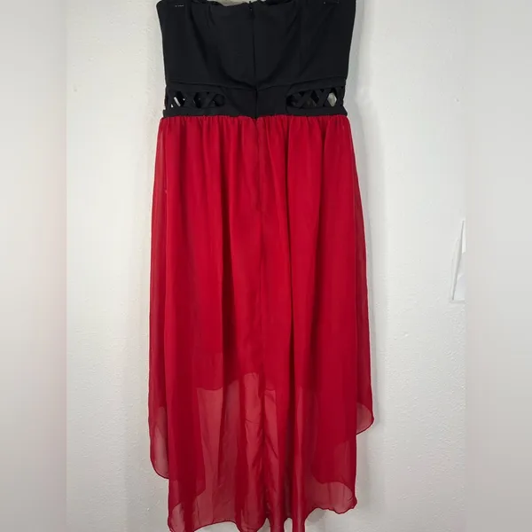 Mod Modele Strapless High Low Dress Small Black Red Chiffon Formal Party Gown - Image 9