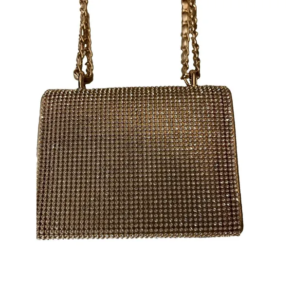 Gold Tone Rhinestone Crystal Shoulder Bag Chain Strap Magnetic Lined Pockets - Image 4