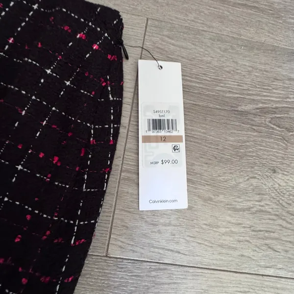 Calvin Klein Womens Tweed Plaid‎ Mini Skirt Black Pink White Size 12 Large NWT - Image 2