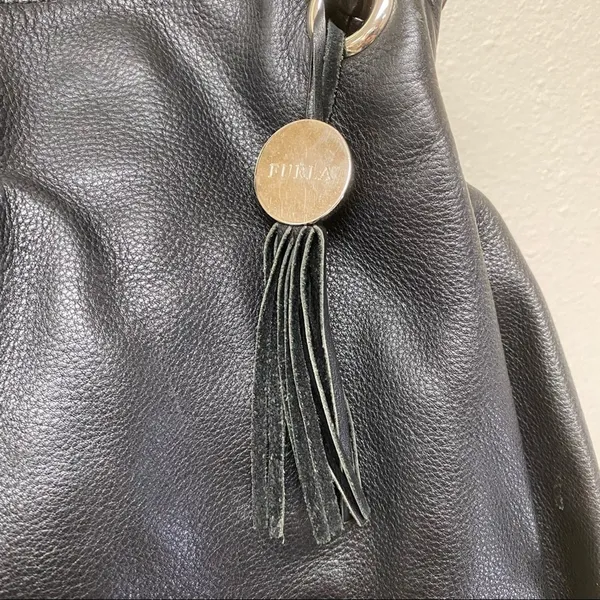 Furla Black Pebbled Leather Drawstring Hobo Shoulder Bag Tassel - Image 4