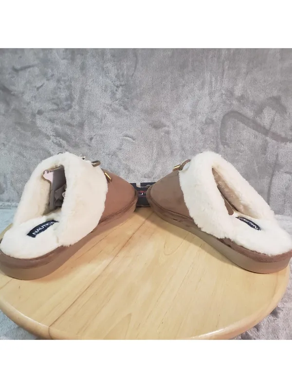 Nautica Women's Slip-On Slippers Brown Faux Fur Lined Bow Accent Size 5/6 - Image 6