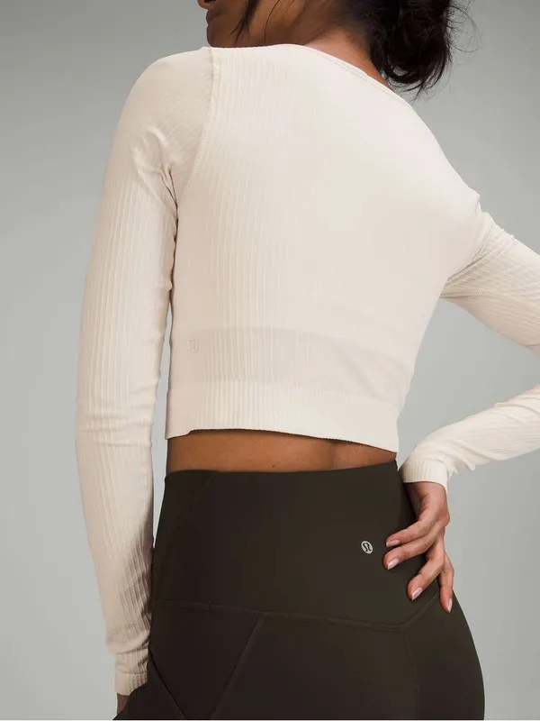 Lululemon ebb to street Women's Long-Sleeve White Ribbed Crop Top - Image 4